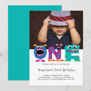Monster Text First Birthday Foto gepersonaliseerd Kaart