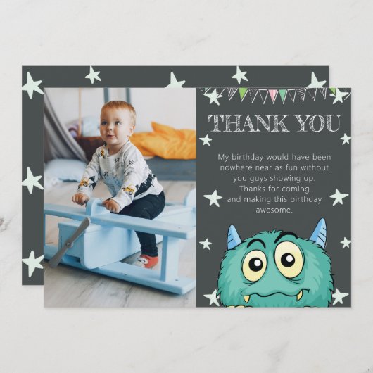 Monster Theme Foto Verjaardag Bedankkaart (Voorkant / Achterkant)