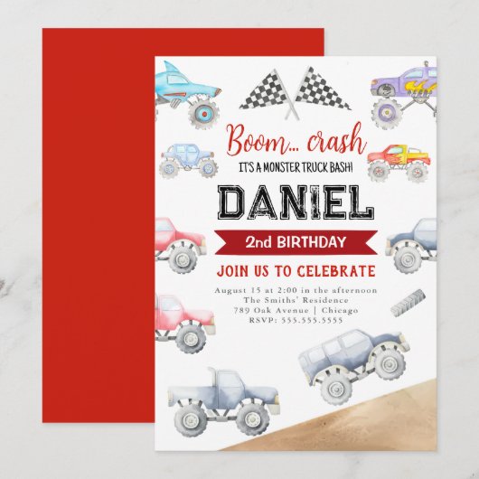 Monster Truck 2e verjaardag uitnodiging (Voorkant / Achterkant)