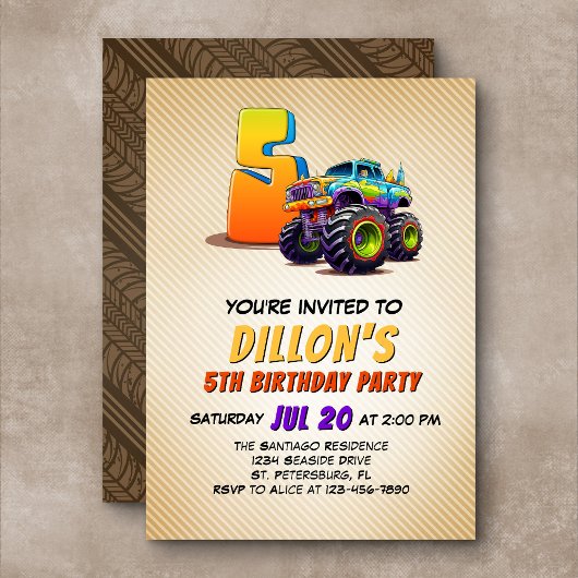 Monster Truck 5e anniversaire Invitation