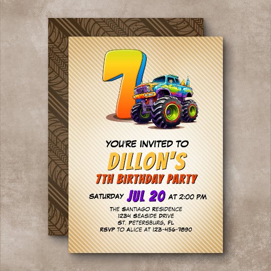 Monster Truck 7e anniversaire Invitation