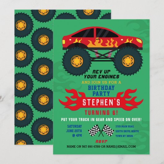 Monster Truck Anniversaire Flames Grand Invitation (Devant / Derrière)