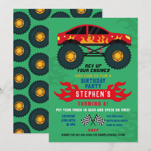 Monster Truck Anniversaire Flames Grand Invitation