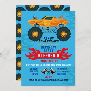 Monster Truck Anniversaire Flames Grand Invitation