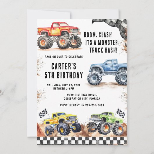 Monster Truck Bash Boy Birthday Invitation (Devant)
