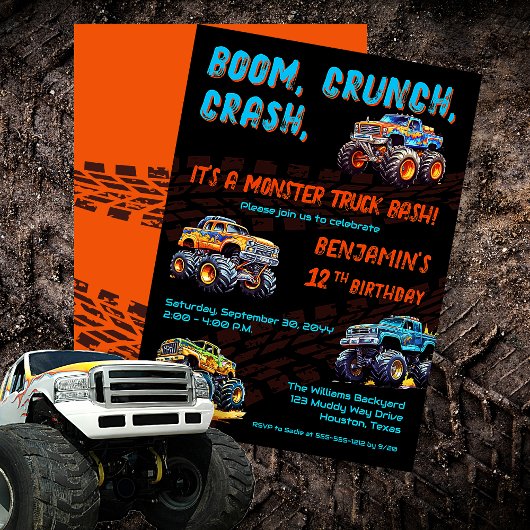 Monster Truck Bash Jongen 12e Verjaardagsfeestje Kaart