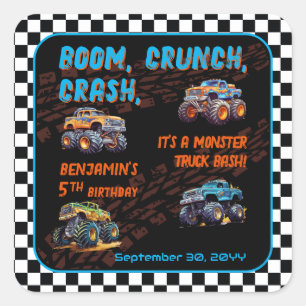 Monster Truck Bash Jongen 5e Verjaardagsfeestje Vierkante Sticker