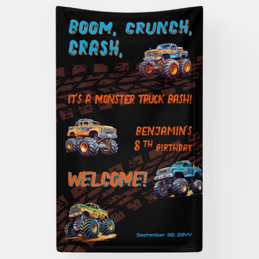 Monster Truck Bash Jongen 8e Verjaardagsfeestje Spandoek (Verticaal)