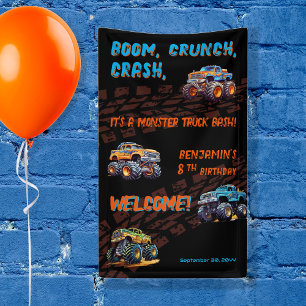 Monster Truck Bash Jongen 8e Verjaardagsfeestje Spandoek