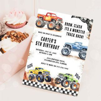 Monster Truck Bash Jongens Verjaardagsuitnodiging Kaart