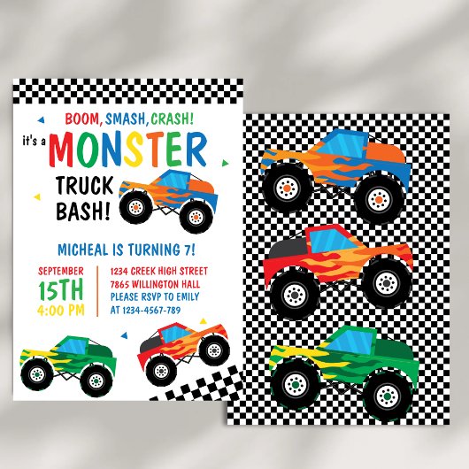 Monster Truck Bash Kleurrijke Groovy Kids Verjaard Kaart