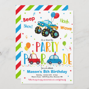 Monster Truck Birthday Party drive by Birthday Kaart