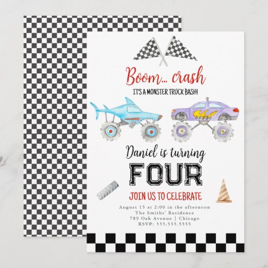 Monster Truck Birthday Uitnodiging (Voorkant / Achterkant)