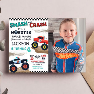 Monster Truck Boy Racing Verjaardag Foto uitnodigi Kaart