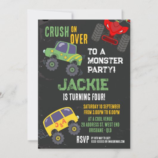 Monster truck Boys invitation anniversaire (Devant)