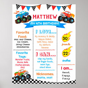 Monster Truck Cars Birthday Milestone Sign Poster