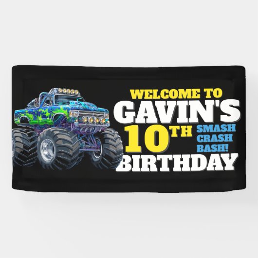 Monster Truck Cool Blue 10th Birthday Custom Vinyl Spandoek (Horizontaal)