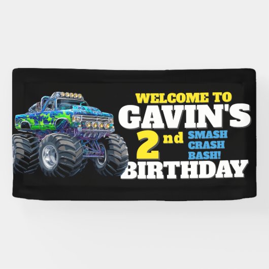 Monster Truck Cool Blue 2e Verjaardag Custom Vinyl Spandoek (Horizontaal)