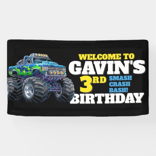 Monster Truck Cool Blue 3e Verjaardag Custom Vinyl Spandoek (Horizontaal)