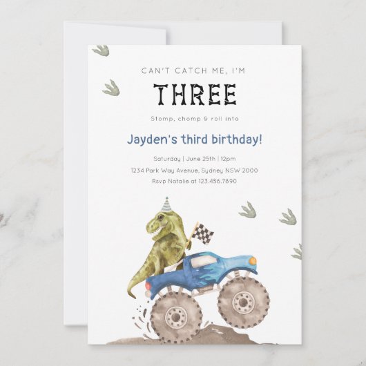 Monster Truck & Dinosaur 3rd Birthday Party Kaart (Voorkant)