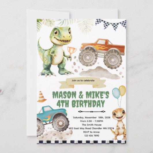Monster truck dinosaur theme invitation (Devant)