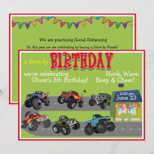 Monster Truck Drive By Birthday Parade Invitation (Devant / Derrière)