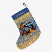 Monster Truck Flames Glitter Background Christmas Kleine Kerstsok (Achterkant (Hangend))