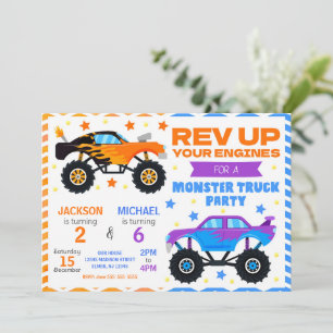 Monster Truck Gezamenlijke Verjaardagsuitnodiging  Kaart