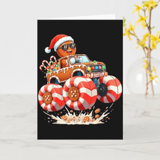 Monster Truck Gingerbread Man Christmas Kaart (Gele Bloem)
