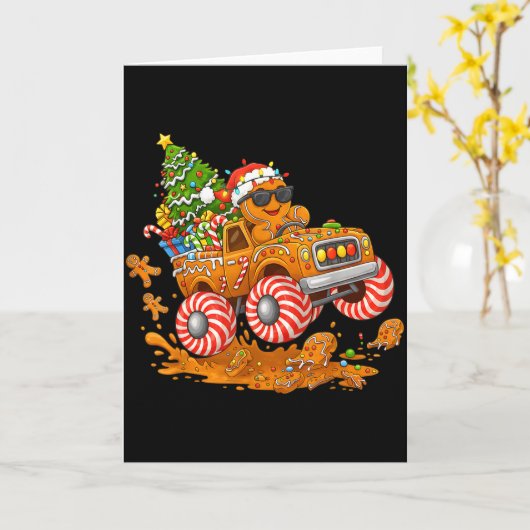Monster Truck Gingerbread Man Funny Christmas Baki Kaart (Gele Bloem)