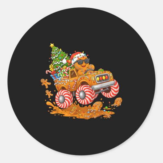 Monster Truck Gingerbread Man Funny Christmas Baki Ronde Sticker (Voorkant)