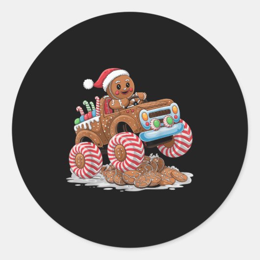 Monster Truck Gingerbread Man Funny Christmas Baki Ronde Sticker (Voorkant)