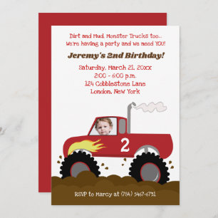 Monster Truck Invitation Anniversaire Rouge avec p