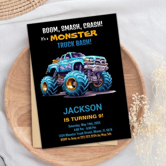 Monster Truck Invitations Anniversaire Bleu noir