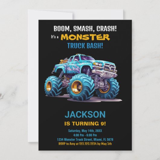 Monster Truck Invitations Anniversaire Bleu noir (Devant)