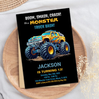 Monster Truck Invitations Anniversaire Jaune Noir