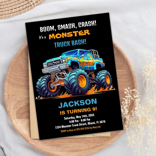 Monster Truck Invitations Anniversaire Orange Blac