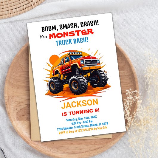 Monster Truck Invitations Anniversaire Orange Blan