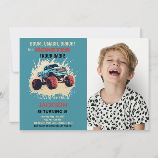Monster Truck Invitations d'anniversaire Green w P (Devant)