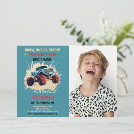 Monster Truck Invitations d'anniversaire Green w P (Debout devant)