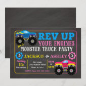Monster Truck Joint Birthday Invitation / Boy Girl Kaart (Voorkant / Achterkant)