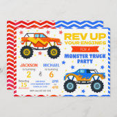 Monster Truck Joint Birthday Invitation Siblings (Devant / Derrière)