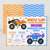 Monster Truck Joint Birthday Invitation Siblings (Devant / Derrière)