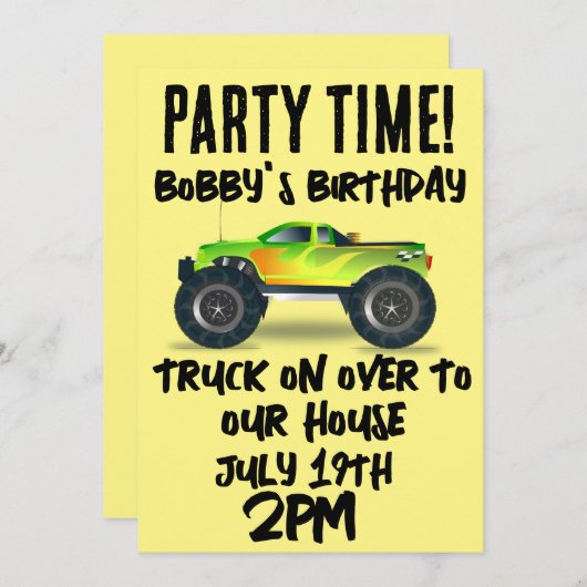 MONSTER TRUCK JONGENS KINDEREN VERJAARDAG FEEST UI KAART (Voorkant / Achterkant)