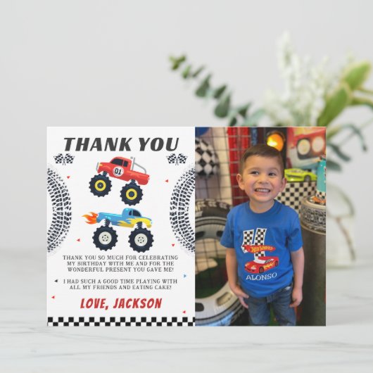 Monster Truck Jongens Verjaardag Foto Bedankt Kaar (Staand voorkant)
