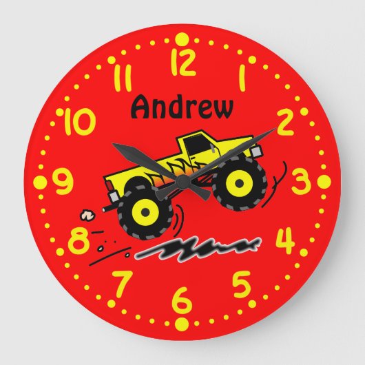 Monster Truck Lovers Personalized Boys Room Clock Grote Klok (Voorkant)