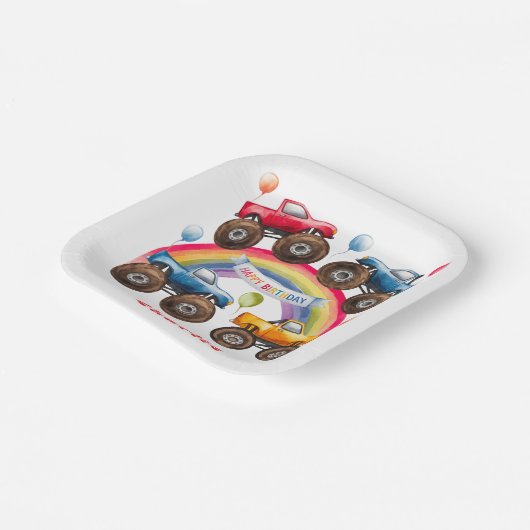 Monster Truck Rainbow Boy Verjaardag Bash Papieren Bordje (Gebogen)