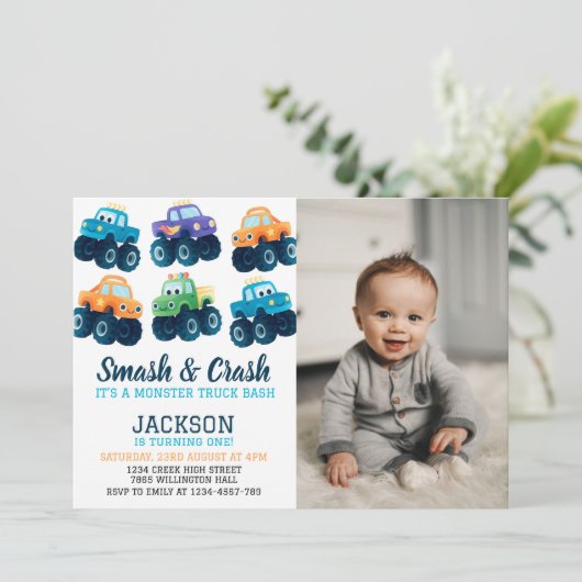Monster Truck Smash en Crash Verjaardagsfoto Kaart (Staand voorkant)
