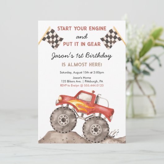 Monster Truck, Start Your Engine Boys 1st Birthday Kaart (Staand voorkant)