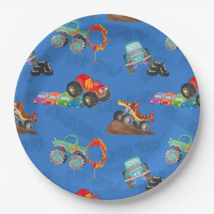 Monster Truck Stunts Waterverf Patroon Blauw Papieren Bordje
